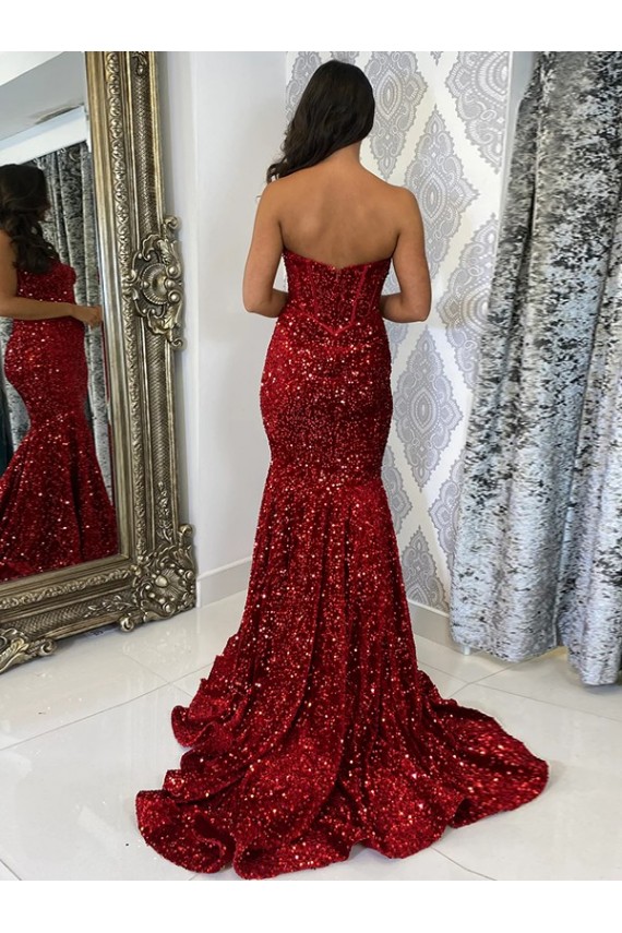 Comprar Borgoña Cubierta Cuello de Corazón Cola corte Lentejuelas Terciopelo Largo Vestidos de fiesta