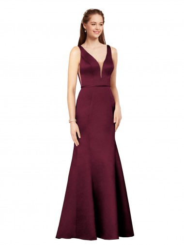 Comprar Borgoña Cubierta Cuello en V Satén Largo Formales Vestidos de dama de honor / Vestidos de fiesta