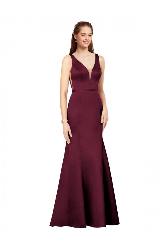 Comprar Borgoña Cubierta Cuello en V Satén Largo Formales Vestidos de dama de honor / Vestidos de fiesta