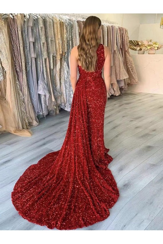 Comprar Borgoña Cubierta Un Hombre Cola corte Lentejuelas Terciopelo Largo Vestidos de fiesta