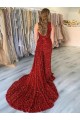 Comprar Borgoña Cubierta Un Hombre Cola corte Lentejuelas Terciopelo Largo Vestidos de fiesta