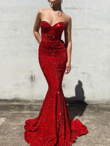 Comprar Borgoña Sirena Cuello de Corazón Cola corte Lentejuelas Terciopelo Largo Vestidos de fiesta