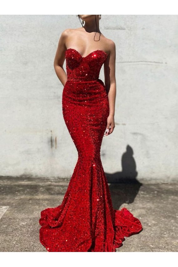 Comprar Borgoña Sirena Cuello de Corazón Cola corte Lentejuelas Terciopelo Largo Vestidos de fiesta