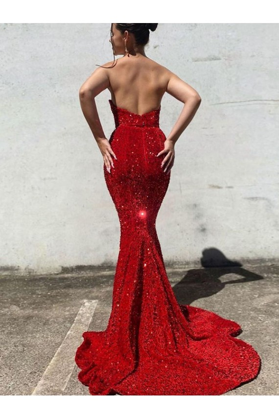 Comprar Borgoña Sirena Cuello de Corazón Cola corte Lentejuelas Terciopelo Largo Vestidos de fiesta