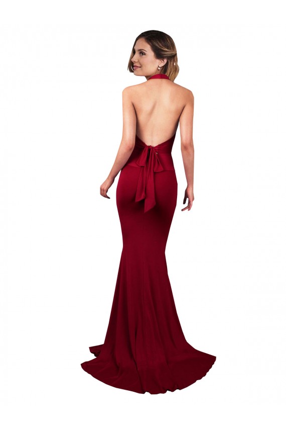 Comprar Borgoña Sirena Halter Cuello en V Spandex Largo Formales Vestidos de dama de honor / Vestidos de fiesta