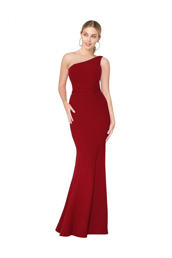 Comprar Borgoña Sirena Un Hombre Cuello Alto Crepé Elástico Largo Formales Vestidos de dama de honor / Vestidos de fiesta