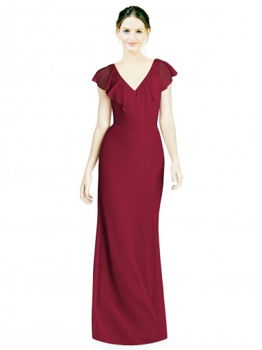 Comprar Borgoña Trompeta Cuello en V Gasa Largo Vestidos de dama de honor