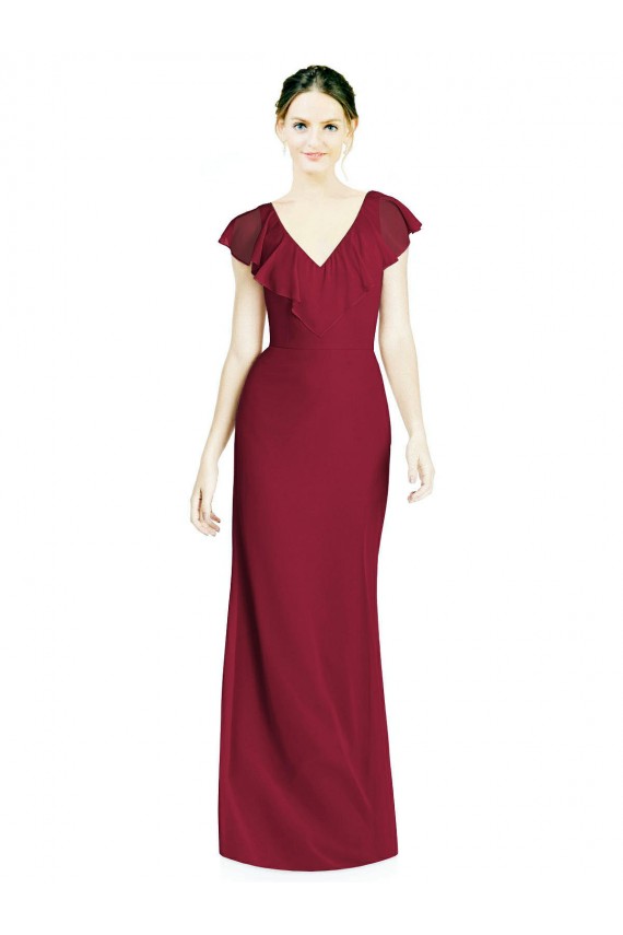 Comprar Borgoña Trompeta Cuello en V Gasa Largo Vestidos de dama de honor
