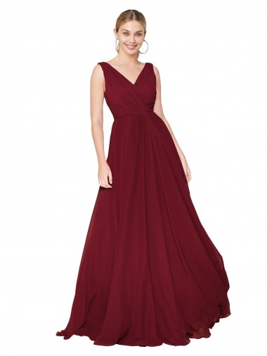 Comprar Borgoña línea A Cuello en V Cuello Alto Gasa Largo Formales Vestidos de dama de honor / Vestidos de fiesta