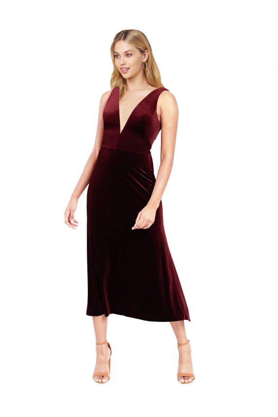 Comprar Borgoña línea A Cuello en V Midi Terciopelo Elástico Corto Vestidos de dama de honor / Vestidos de fiesta / Vestidos de cóctel