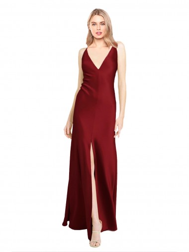 Comprar Borgoña línea A Cuello en V Satén elástico Largo Formales Vestidos de dama de honor / Vestidos de fiesta