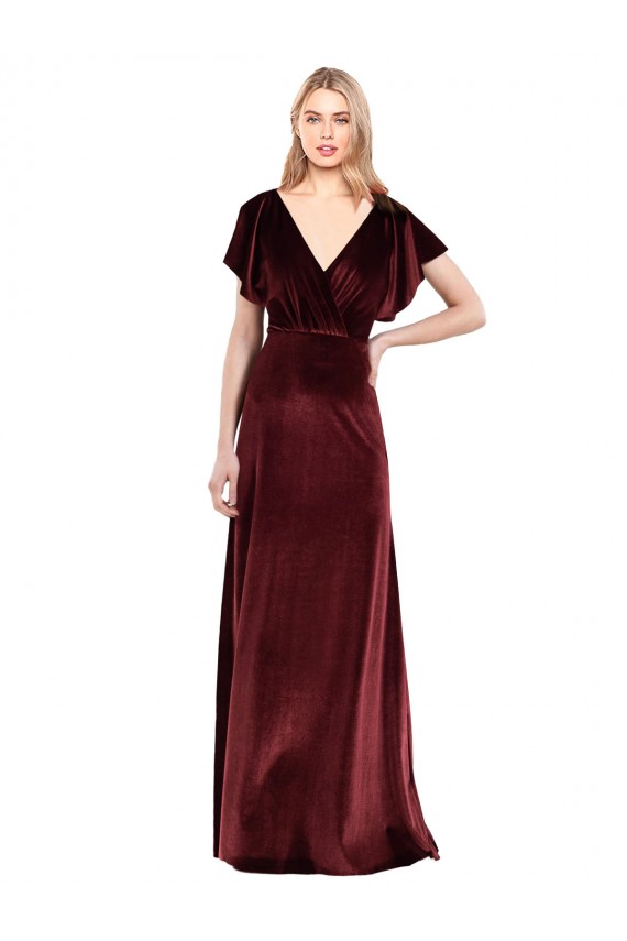 Comprar Borgoña línea A Cuello en V Terciopelo Elástico Largo Vestidos de dama de honor / Vestidos de fiesta