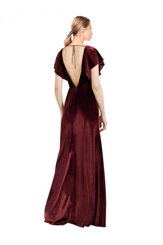 Comprar Borgoña línea A Cuello en V Terciopelo Elástico Largo Vestidos de dama de honor / Vestidos de fiesta