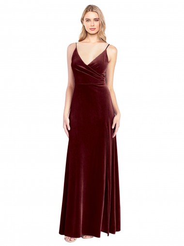 Comprar Borgoña línea A Cuello en V Terciopelo Elástico Largo Vestidos de dama de honor / Vestidos de fiesta