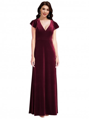 Comprar Borgoña línea A Cuello en V Terciopelo Elástico Largo Vestidos de dama de honor / Vestidos de fiesta