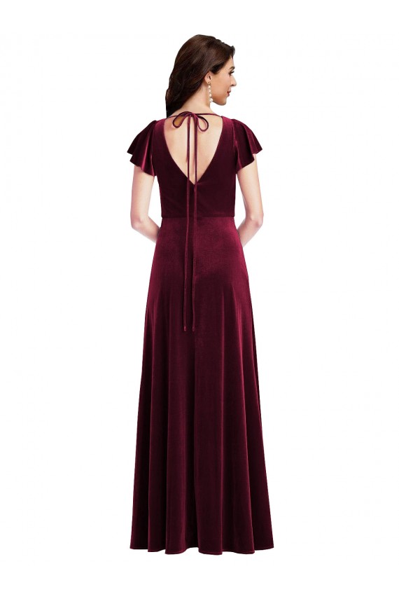 Comprar Borgoña línea A Cuello en V Terciopelo Elástico Largo Vestidos de dama de honor / Vestidos de fiesta