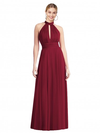 Comprar Borgoña línea A Halter Cuello Alto Gasa Largo Vestidos de dama de honor