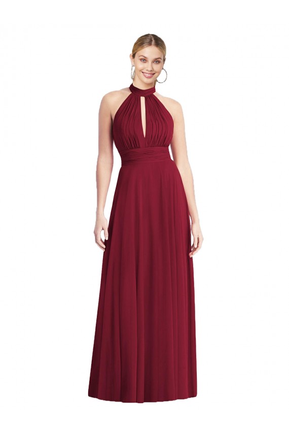 Comprar Borgoña línea A Halter Cuello Alto Gasa Largo Vestidos de dama de honor
