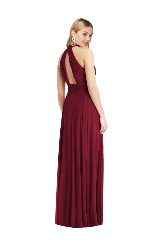 Comprar Borgoña línea A Halter Cuello Alto Gasa Largo Vestidos de dama de honor