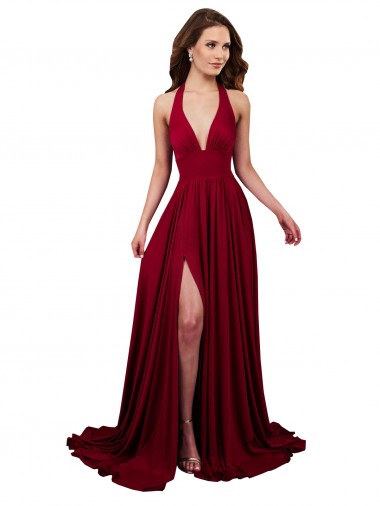Comprar Borgoña línea A Halter Cuello en V Spandex Largo Formales Vestidos de dama de honor / Vestidos de fiesta