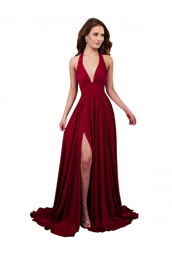 Comprar Borgoña línea A Halter Cuello en V Spandex Largo Formales Vestidos de dama de honor / Vestidos de fiesta