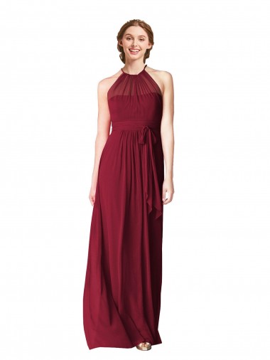 Comprar Borgoña línea A Halter Gasa Largo Vestidos de dama de honor