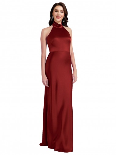 Comprar Borgoña línea A Halter Satén elástico Largo Formales Vestidos de dama de honor / Vestidos de fiesta