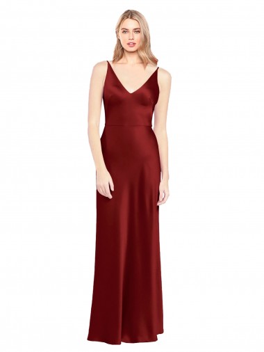 Comprar Borgoña línea A Tirantes espagueti Cuello en V Satén elástico Largo Formales Vestidos de dama de honor / Vestidos de fiesta