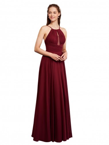 Comprar Borgoña línea A Tirantes espagueti Halter Gasa Largo Vestidos de dama de honor