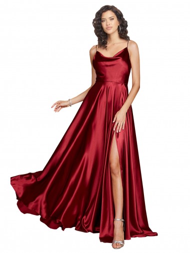 Comprar Borgoña línea A Tirantes espagueti Satén sedoso Largo Formales Vestidos de dama de honor / Vestidos de fiesta
