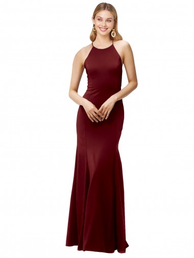 Comprar Borgoña oscuro Sirena Halter Cuello Alto Crepé Elástico Largo Formales Vestidos de dama de honor / Vestidos de fiesta