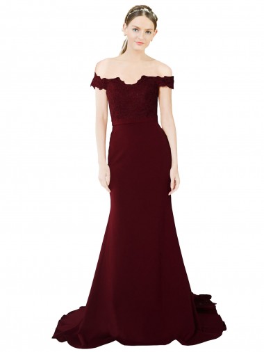 Comprar Borgoña oscuro Sirena Hombros Descubiertos Barrer tren Crepé Elástico Encaje Largo Formales Vestidos de dama de honor / Vestidos de fiesta