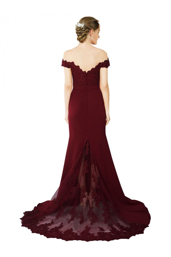Comprar Borgoña oscuro Sirena Hombros Descubiertos Barrer tren Crepé Elástico Encaje Largo Formales Vestidos de dama de honor / Vestidos de fiesta