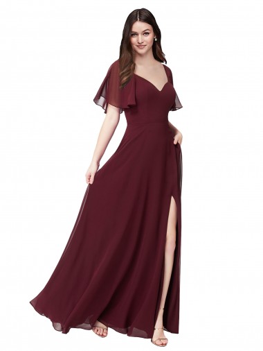 Comprar Borgoña oscuro línea A Cuello de Corazón Gasa Largo Vestidos de dama de honor