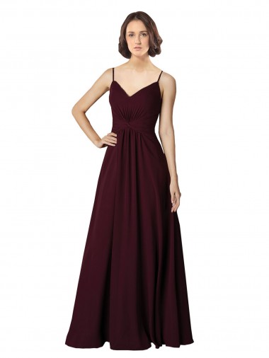 Comprar Borgoña oscuro línea A Cuello en V Gasa Largo Vestidos de dama de honor