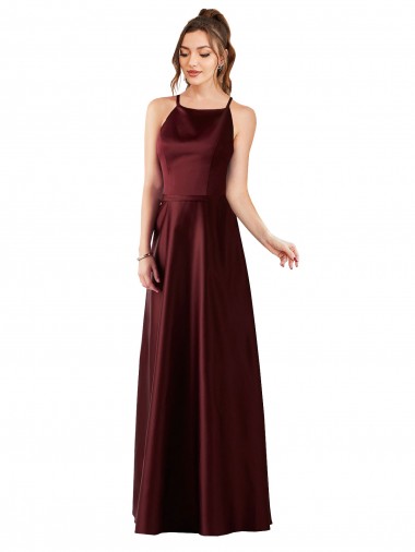Comprar Borgoña oscuro línea A Halter Satén Largo Vestidos de dama de honor / Vestidos de fiesta