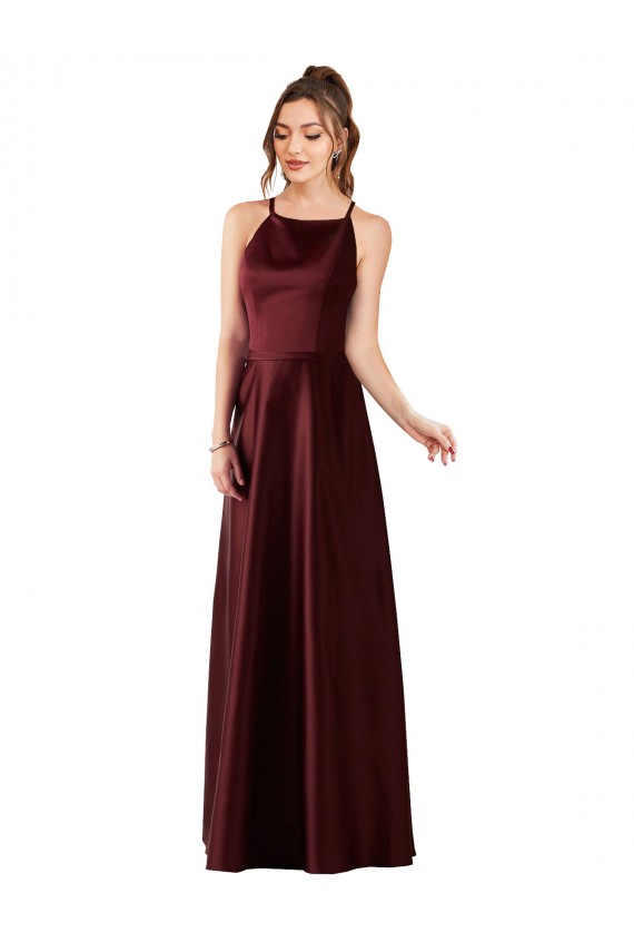 Comprar Borgoña oscuro línea A Halter Satén Largo Vestidos de dama de honor / Vestidos de fiesta