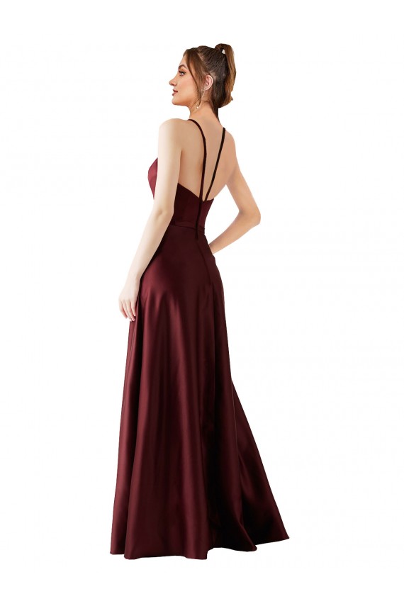 Comprar Borgoña oscuro línea A Halter Satén Largo Vestidos de dama de honor / Vestidos de fiesta