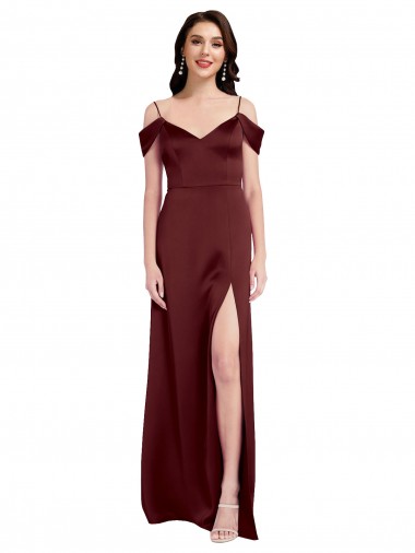 Comprar Borgoña oscuro línea A Hombros Descubiertos Cuello en V Satén elástico Largo Formales Vestidos de dama de honor / Vestidos de fiesta