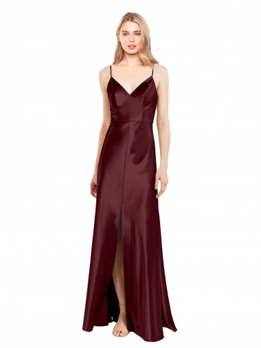Comprar Borgoña oscuro línea A Tirantes espagueti Cuello en V Satén elástico Largo Formales Vestidos de dama de honor / Vestidos de fiesta