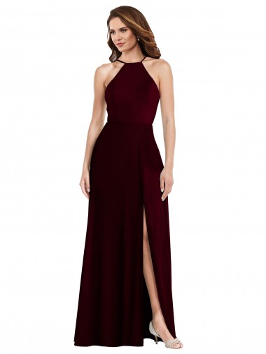 Comprar Borgoña oscuro línea A Tirantes espagueti Halter Gasa Largo Vestidos de dama de honor
