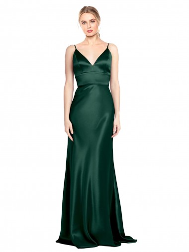 Comprar Cazador Verde Cubierta Tirantes espagueti Cuello en V Cuello Alto Satén elástico Largo Formales Vestidos de dama de honor / Vestidos de fiesta