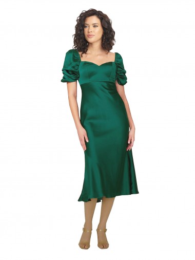 Comprar Cazador Verde línea A Cuello de Corazón Midi Satén sedoso Corto Formales Vestidos de dama de honor / Vestidos de fiesta