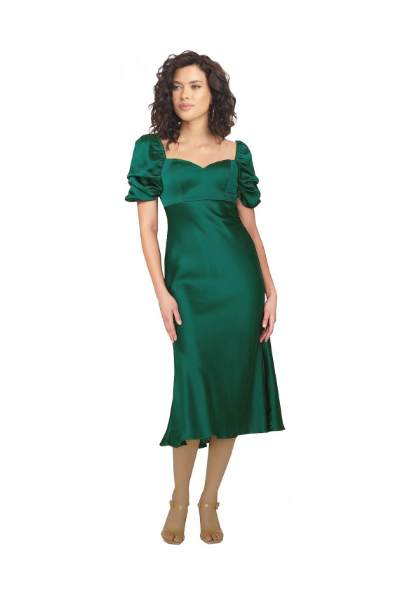 Comprar Cazador Verde línea A Cuello de Corazón Midi Satén sedoso Corto Formales Vestidos de dama de honor / Vestidos de fiesta