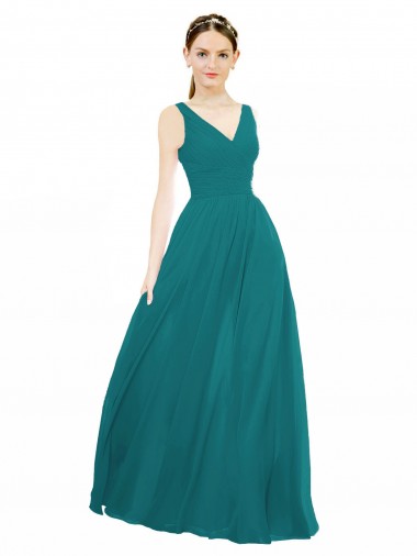 Comprar Cazador Verde línea A Cuello en V Gasa Largo Vestidos de dama de honor