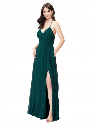 Comprar Cazador Verde línea A Cuello en V Gasa Largo Vestidos de dama de honor