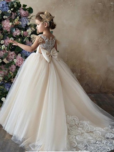 Comprar Champán Cuello de Corazón Cola capilla Tul Encaje Largo vestidos de niña de las flores