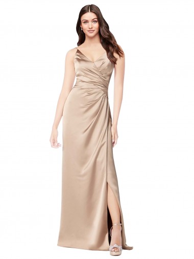 Comprar Champán Rosa línea A Tirantes espagueti Cuello en V Satén sedoso Largo Formales Vestidos de dama de honor / Vestidos de fiesta