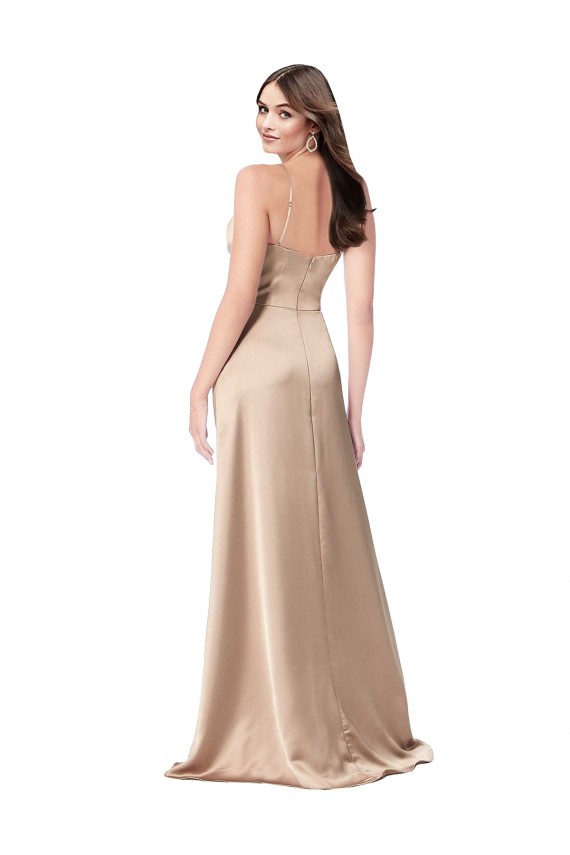 Comprar Champán Rosa línea A Tirantes espagueti Cuello en V Satén sedoso Largo Formales Vestidos de dama de honor / Vestidos de fiesta