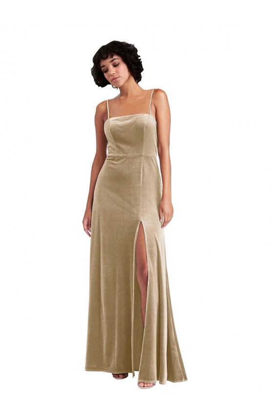 Comprar Champán línea A Cuadrado Terciopelo Elástico Largo Formales Vestidos de dama de honor / Vestidos de fiesta